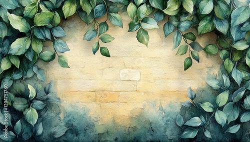Natural Brick Wall Background with Fresh Green Watercolor Illustration Spring Botanical Decorative Frame