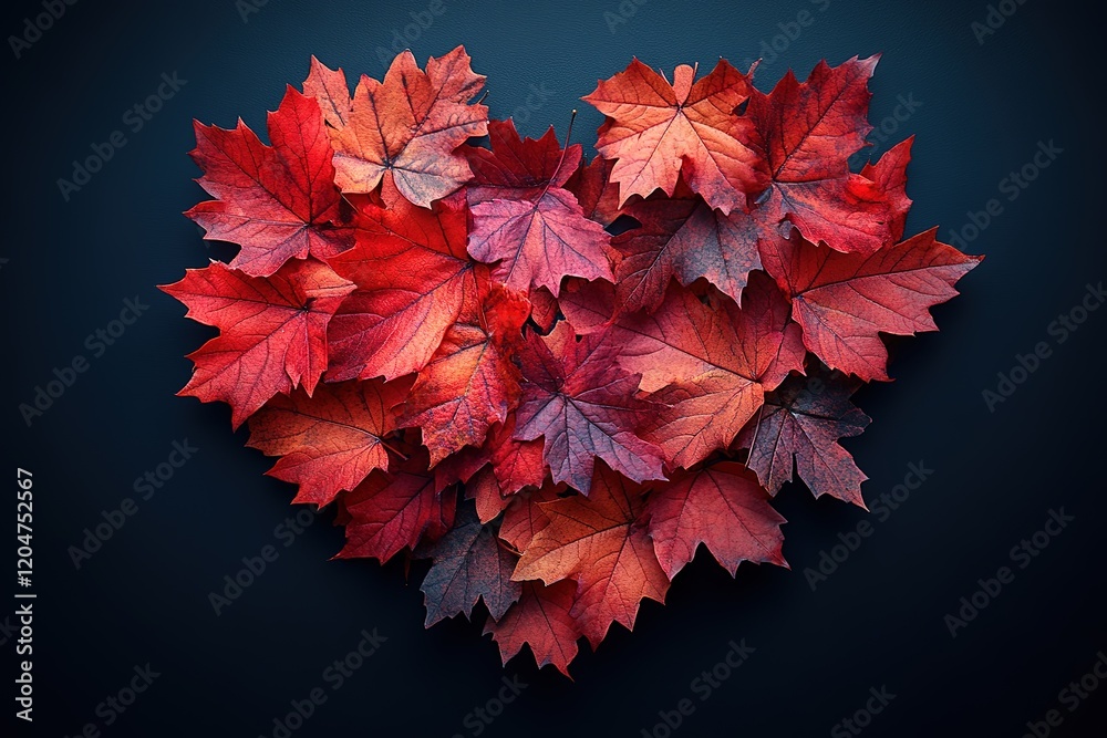 Autumn leaves arranged in a heart shape against a dark background. Autumn leaves arranged in a heart shape against a dark background.