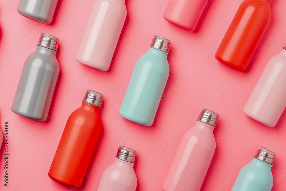 Close-up of modern, stylish steel water bottles in various vibrant colors, beautifully arranged on a soft pink background, Close-up of modern, stylish steel water bottles in various vibrant colors, beautifully arranged on a soft pink background,