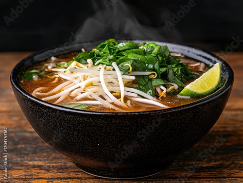 Steaming bowl of delicious pho with bean sprouts and fresh herbs photo