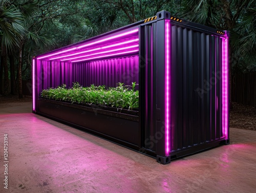 Pink LED lights illuminate a shipping container converted into a modern indoor farm.