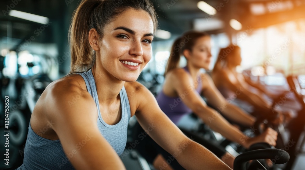 people doing cycling training in class in gym. people doing cycling training in class in gym.