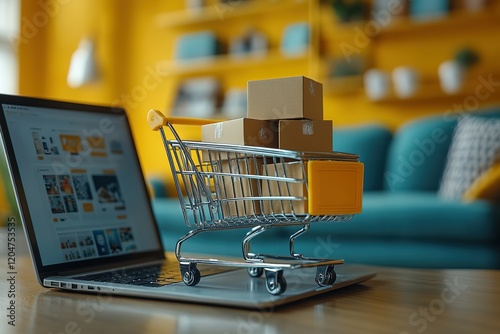 Online shopping convenience: Packages in a mini cart on a laptop.