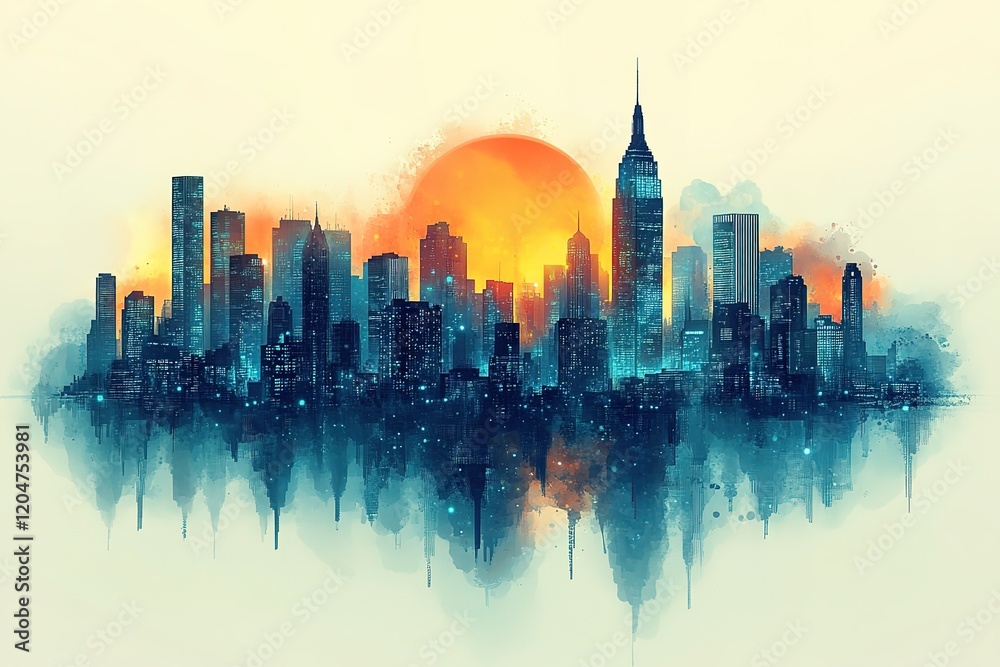 Obraz premium Cityscape at sunset, reflected in water, artistic watercolor style.