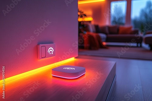 Smart home device with ambient lighting in a modern living room. photo