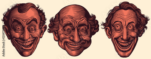 Crazy laughing expressive faces. Design set. Editable hand drawn illustration. Vector vintage engraving. Isolated on light background. 8 EPS photo