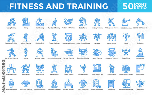 Fitness and Training icon set with cycling training, hiking, trail running, functional training, medicine ball workout, battle ropes icon. Simple retro vector 
