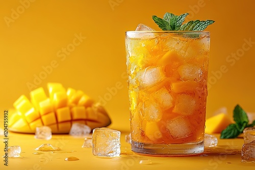 Refreshing mango iced tea with mint, perfect for a hot day. Cubes of ice and fresh mango slices complete this summer beverage.
