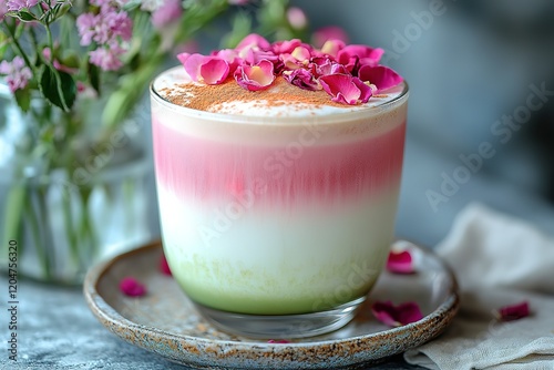 Layered matcha latte with rose petals and cinnamon, a visually stunning and delicious beverage. photo