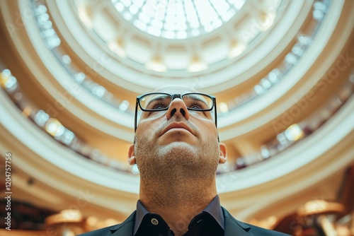 Businessman in a luxurious lobby looking up at a domed ceiling.