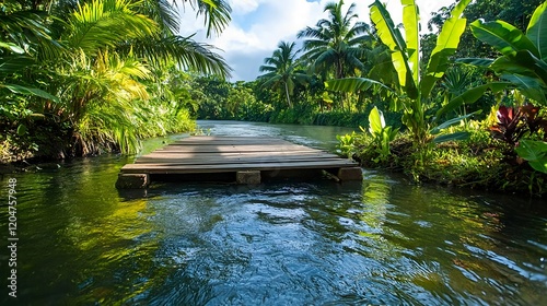 tranquil wooden path over tropical river - lush tropical scenes photo