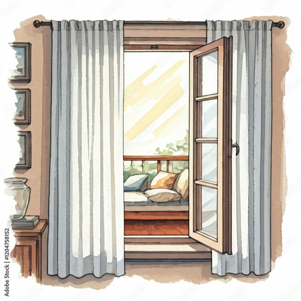 Fototapeta premium Open Window with Sheer Curtains Overlooking a Sunny Balcony View
