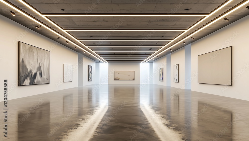 Design a 3D art gallery with minimalist aesthetics, large displays, and ambient ceiling lights.