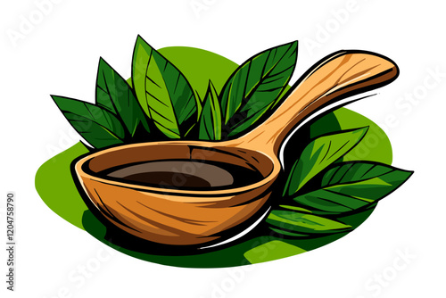 Vintage Etching Style Herbal Remedy Illustration with Wooden Spoon and Leaves on Transparent Background 