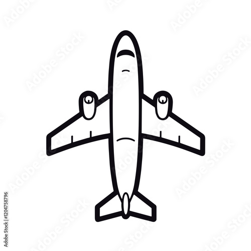 Top View Line Drawing of Airplane in Black for Travel Planning on Transparent Background 