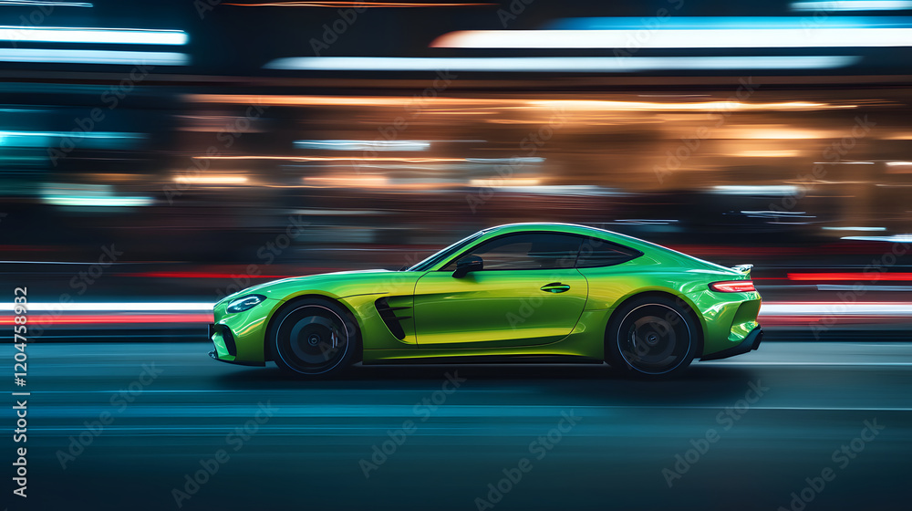 Lime Green Sports Coupe in City Night Motion Lime Green Sports Coupe in City Night Motion
