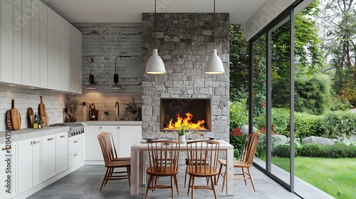Minimalist outdoor kitchen overlooking garden with fireplace and lighting.