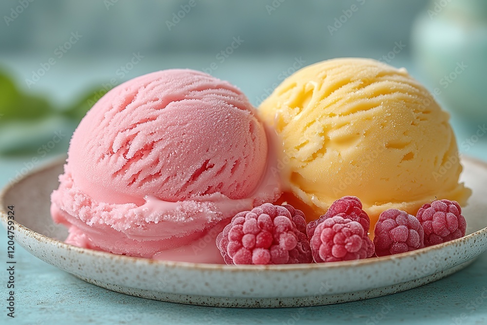 Pink and yellow ice cream scoops with frozen raspberries on a plate. Pink and yellow ice cream scoops with frozen raspberries on a plate.