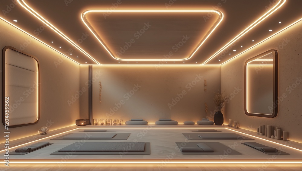 Minimal meditation room 3D model with serene setting and border lights.