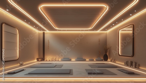Minimal meditation room 3D model with serene setting and border lights.
