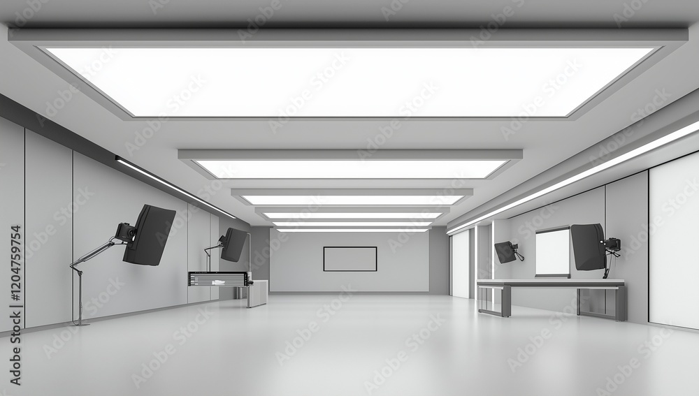 Minimalist video studio 3D design with professional lighting setup.