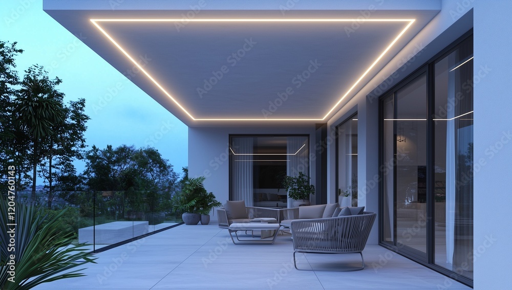 3D patio area visualization with minimalist design and contemporary lighting.