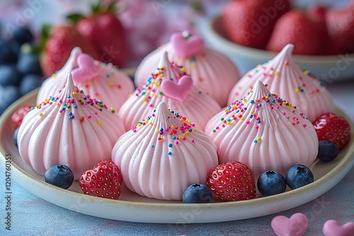 Pink meringue kisses with sprinkles and fresh berries. A delightful sweet treat! photo