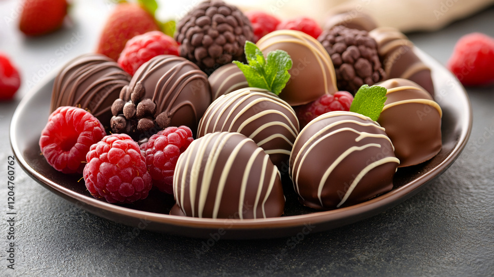 Delicious Chocolate Truffles with Fresh Raspberries and Mint: Gourmet Dessert Photography red dark sweet candy tasty Delicious Chocolate Truffles with Fresh Raspberries and Mint: Gourmet Dessert Photography red dark sweet candy tasty