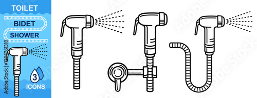Toilet bidet shower water spray, WC restroom hand sprayer for body hygiene wash clean after lavatory pan use line icon. Bathroom sanitary faucet near closet bowl. Washroom plumbing equipment. Vector