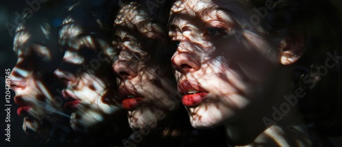 Abstract portrait.  Multiple faces emerge from shadows, each showing different emotions. Surreal art with red lips and shadowy veils. photo