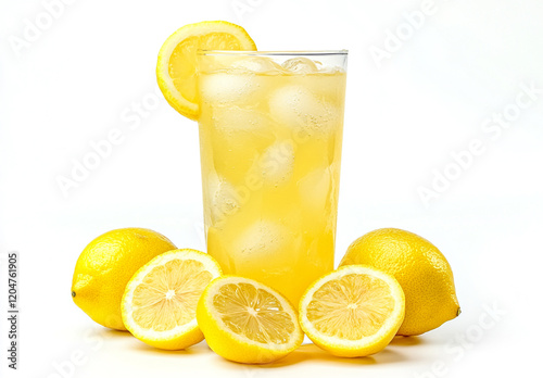 Fresh lemons with a glass of lemonade