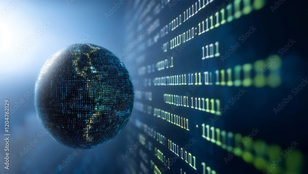 Global network data, digital sphere, binary code background; tech concept Global network data, digital sphere, binary code background; tech concept