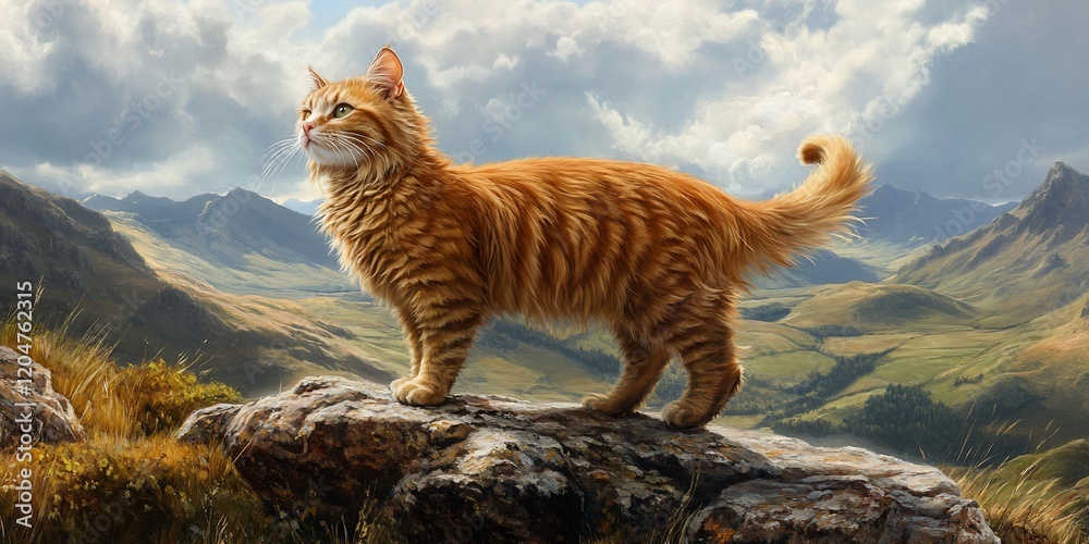 Orange cat on mountain peak, scenic view. Calming nature image Orange cat on mountain peak, scenic view. Calming nature image