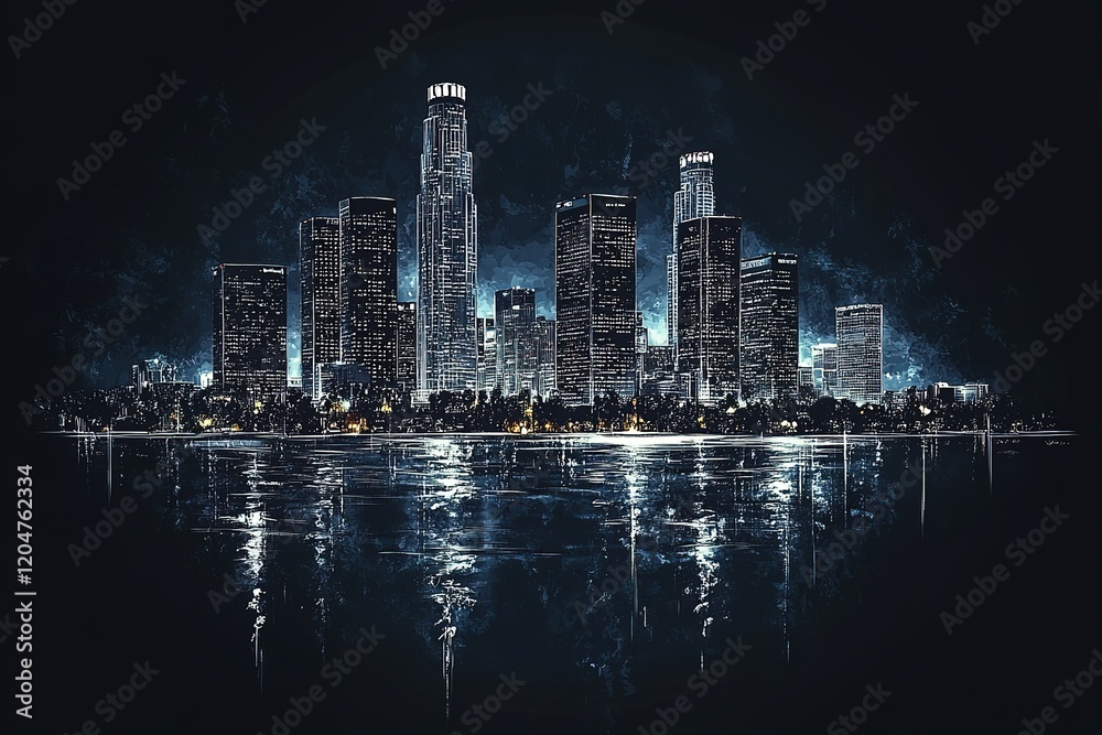 Naklejka premium Night cityscape reflected in calm water. Illuminated skyscrapers create a dramatic, urban scene.