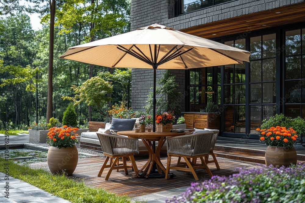 Obraz premium Garden table with chairs and a large umbrella on a sunny day.