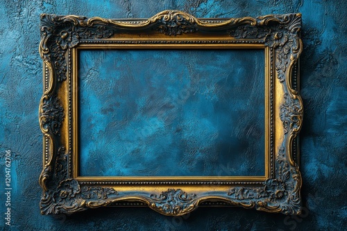 Golden picture frame on a vivid blue wall background indoors.