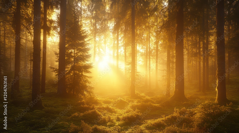 Obraz premium Golden Hour in the Enchanting Forest: A Sunrise Symphony of Light and Shadow