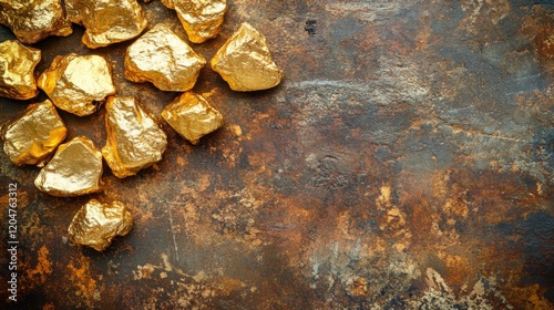 A pile of gold rocks on a brown surface