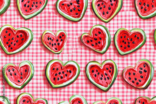 Vibrant Watermelon Heart Shapes with Black Seeds on a Pink Gingham Background Perfect for Summer-Themed Designs and Tropical Inspired Projects photo