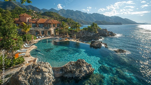 Oceanfront luxury resort with infinity pool, nestled amongst tropical vegetation and dramatic coastal cliffs.