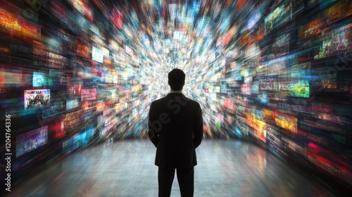 A man stands in front of a wall of screens displaying a variety of images