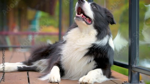 Close up portrait of young sleepy Border Collie dog with colorful background