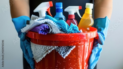 Close-up of gloved hands holding a red bucket overflowing with cleaning supplies.  Colorful spray bottles and microfiber cloths spill over the rim.  A clean, minimal background. photo