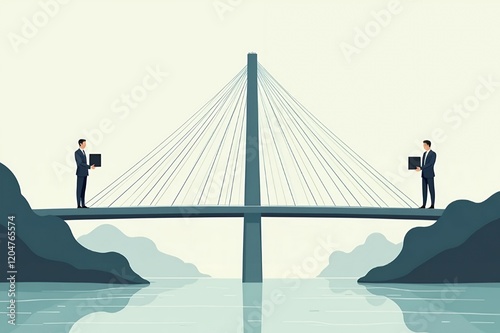 A symbolic vector featuring a large bridge connecting two continents, with business figures standing on either side, representing cross-border partnerships and global trade.