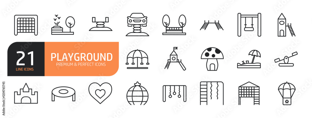 Set of line icons related to playground, kids outdoor toy, sandbox, children parks, slide, monkey bar, dome climber and more. Outline icons collection. Editable stroke. Vector illustration. Set of line icons related to playground, kids outdoor toy, sandbox, children parks, slide, monkey bar, dome climber and more. Outline icons collection. Editable stroke. Vector illustration.