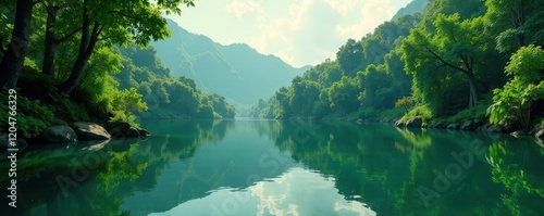Wallpaper Mural Serene lake surface reflected in lush green jungle, serene, calm water Torontodigital.ca