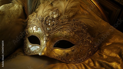 Elegant masquerade mask on luxurious fabric vintage artistic close-up photography photo