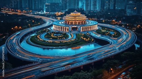 Night Metropolis: Architectural Marvel Surrounded by a Vibrant Highway