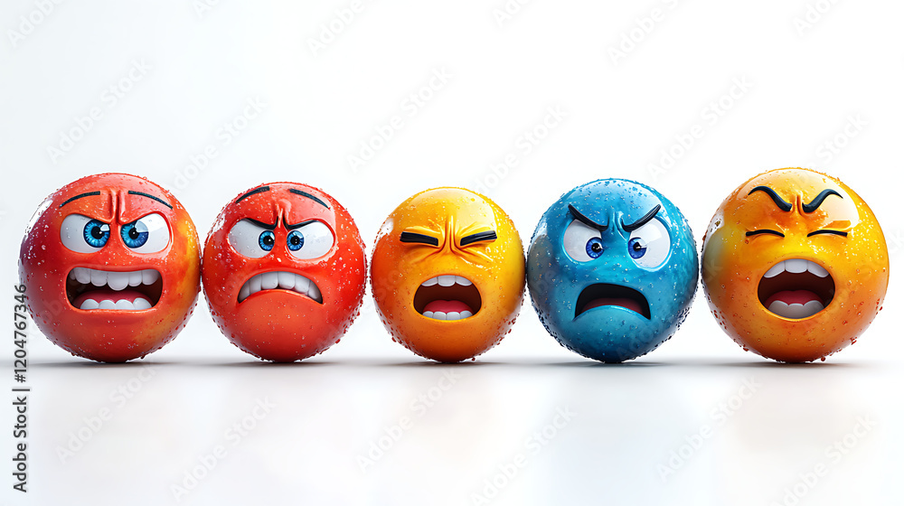 Colorful expressive balls representing various emotions lined up against a bright background Colorful expressive balls representing various emotions lined up against a bright background