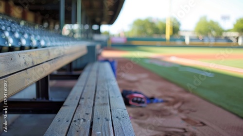 Empty baseball dugout bench Professional equipment nearby Stadium atmosphere colors blur background  Wooden slats  Team awaiting game